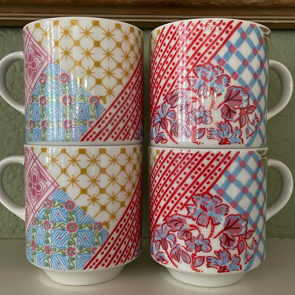 Vintage Set-of-4 Patchwork Quilt Design 8-ounce stackable porcelain mugs, Japan